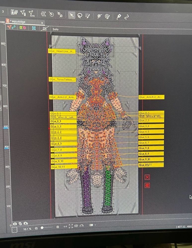 A photo of Sqquiddges model and all its art meshing highlighted in the Live2D program
