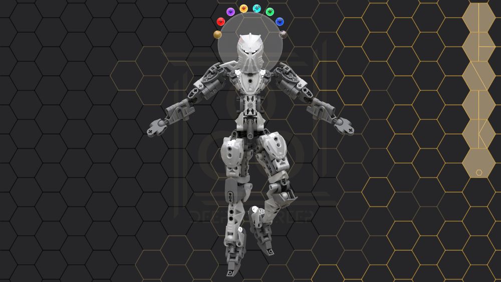 A digital Lego sculpture of the Ignika from Bionicle. This interpretation is based on its "Toa" set from 2008. It is a biomechanical humanoid. It wears silver and gray armor, and the legendary Mask of Life. A translucent halo radiates from behind his head, orbited by eight spheres symbolizing the eight original elements. From left to right, they are: gold (light), red (fire), purple (earth), orange (stone), cyan (ice), green (air), blue (water), and dark metallic gray (shadow).

It is facing the viewer head-on, posed as if floating in mid-air. Its arms are opened and held at a downward angle.