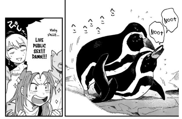 Two penguins in a zoo having sex. Saeko from the crowd of onlookers exclaims "Holy shit... live public sex!!! Damn!!!"