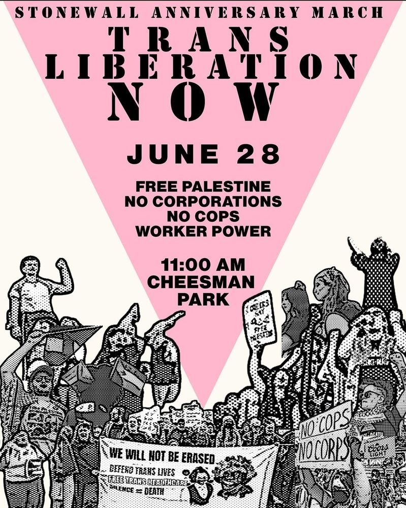 Flyer for a Stonewall Anniversary March at Cheesman Park in Denver at 11am on June 28th. The flyer calls for trans Liberation, a free palestine, no cops, and empowering workers instead of corporations. The background has a large upside down pink triangle and there are protestors holding signs in line with the slogans along the bottom of the flyer.