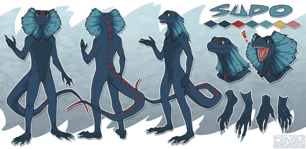 Many poses of a lizard fellow with frills around his neck and a gleeful grin.