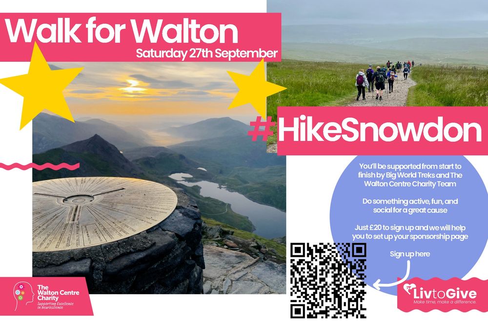 Walk for Walton graphic with #HikeSnowdon along with a sign up QR code