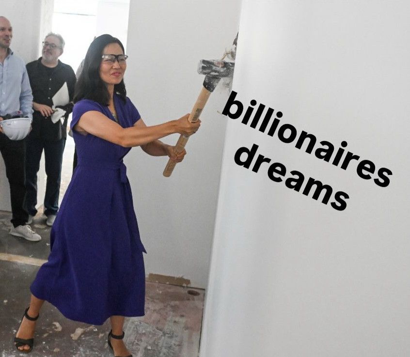 Boston Mayor Michelle Wu swinging a sledgehammer into a wall with billionaires dreams written on it. 