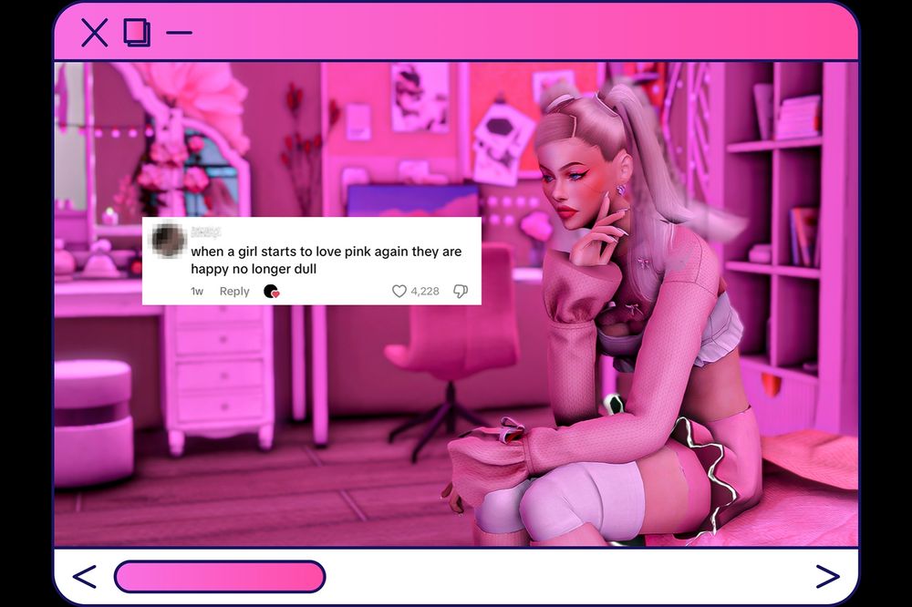 "when a girl starts to love pink again they are happy no longer dull" - My sim Candy is sitting on the bed, wearing a cute, pink outfit