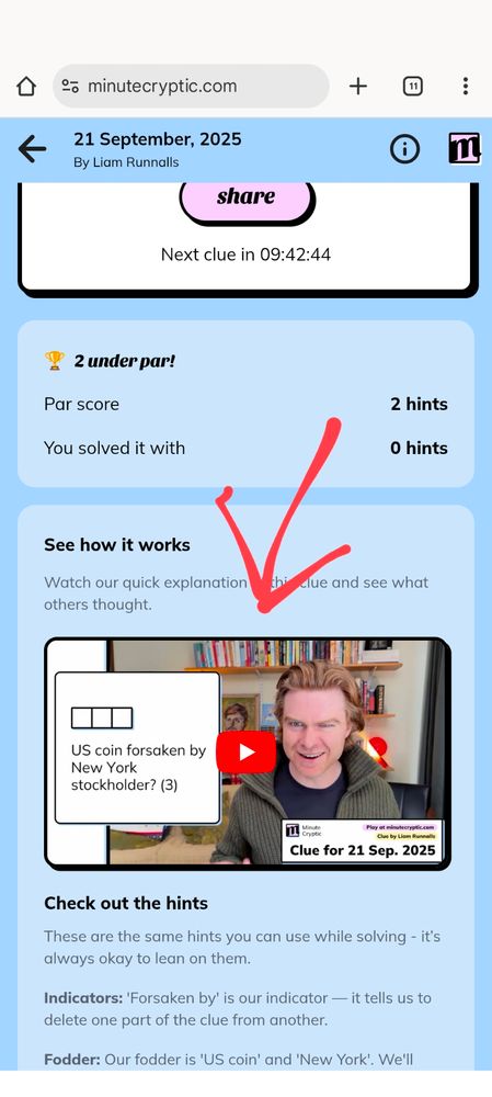 Screenshot of the Minute Cryptic page with an arrow pointing to the video link.