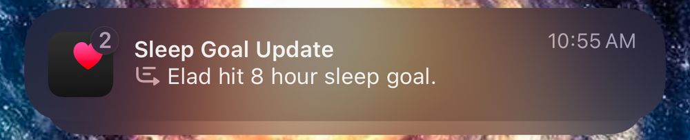 Apple Intelligence summary for multiple Apple Health notifications titled "Sleep Goal Update" with the summary "Elad hit 8 hour sleep goal."