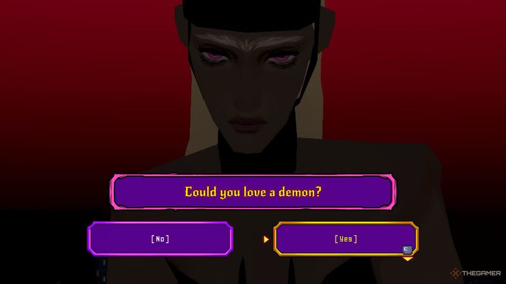 Shows a picture of a video game character in black leather outfit named The Duchess from the video game Sorry We’re Closed. The Duchess has blonde hair red eyes and a unibrow with dark brown skin. This character’s gender is fluid. The character is in front of a red background with gaming dialogue asking “Could you love a demon?” with options available to select in purple boxes one option says “Yes” another option says “No.”