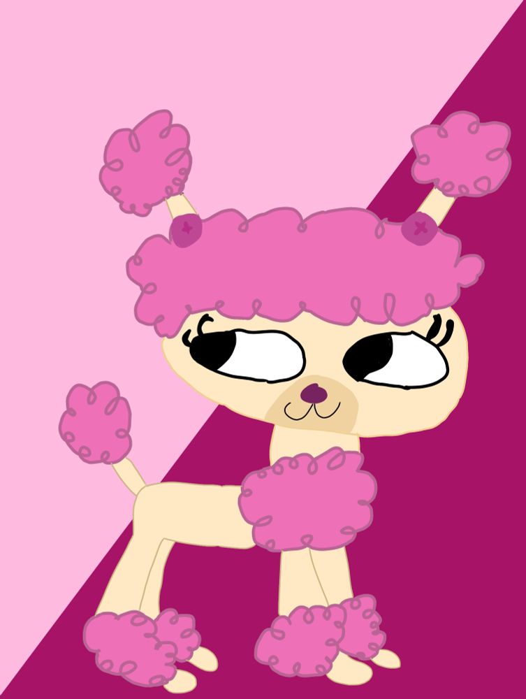 An LPS poodle. The non furry parts are a cream color, and the furry parts are pink.  The upper part of the background is light pink, and the lower part is a deep shade of pink.