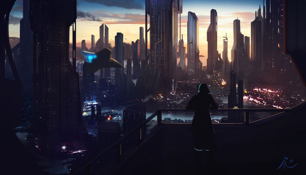 A futuristic sci-fi city with a girl standing on a balcony with headphones looking out.