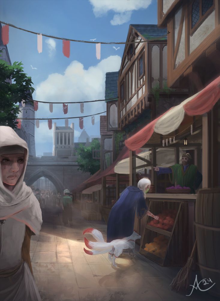 The image shows a medieval fantasy town at a market where a strange white haired woman with a fox who both have red markings are attempting to buy fruit while the merchant and another onlooker are disturbed by her presence.