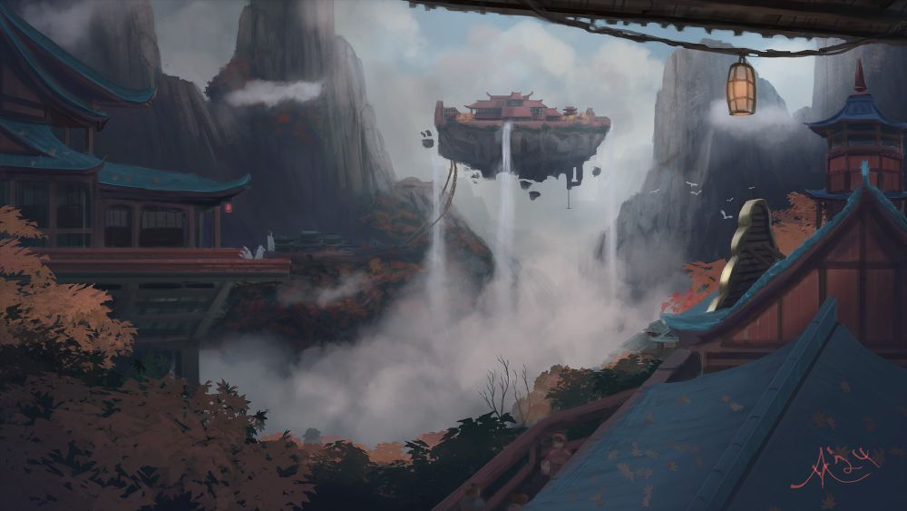 An image of a landscape in autumn with tall pointed mountains and chinese style buildings framing the image. In the distance is a palace on a floating piece of earth.