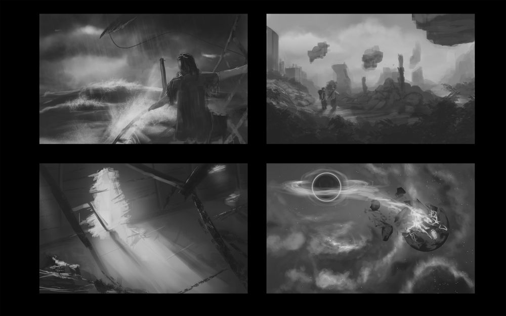 The image shows four different concepts. 1: A sailor on a ship in rough seas overlooking a large wave in the distance. 2: Two friends on a stroll through a fantasy landscape beset by a city. 3: A hole in some sort of dark corridor. 4: A blackhole devouring a planet.