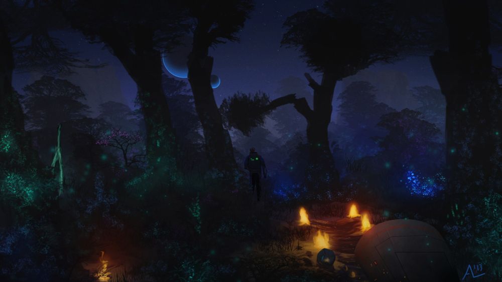 A crashed escape pod on an alien world full of bioluminescent plants and the survivor is taking in his surroundings.