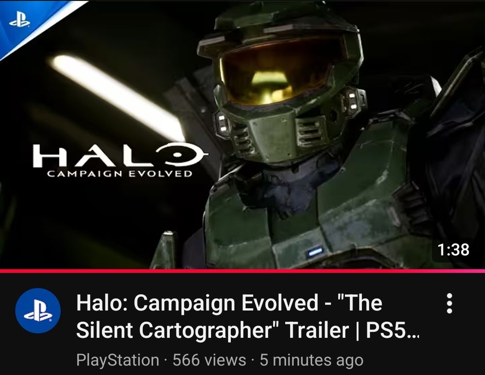 The YouTube thumbnail for the Halo: Campaign Evolved trailer, on the PlayStation channel.