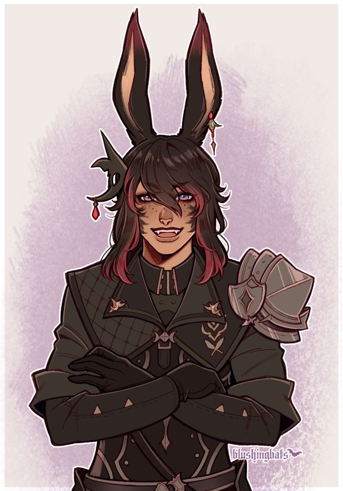 Halfbody drawing of a Viera with black and red hair and big, tall ears, crossing his arms and smiling confidently - Art Fight attack for user luckiicharrms!