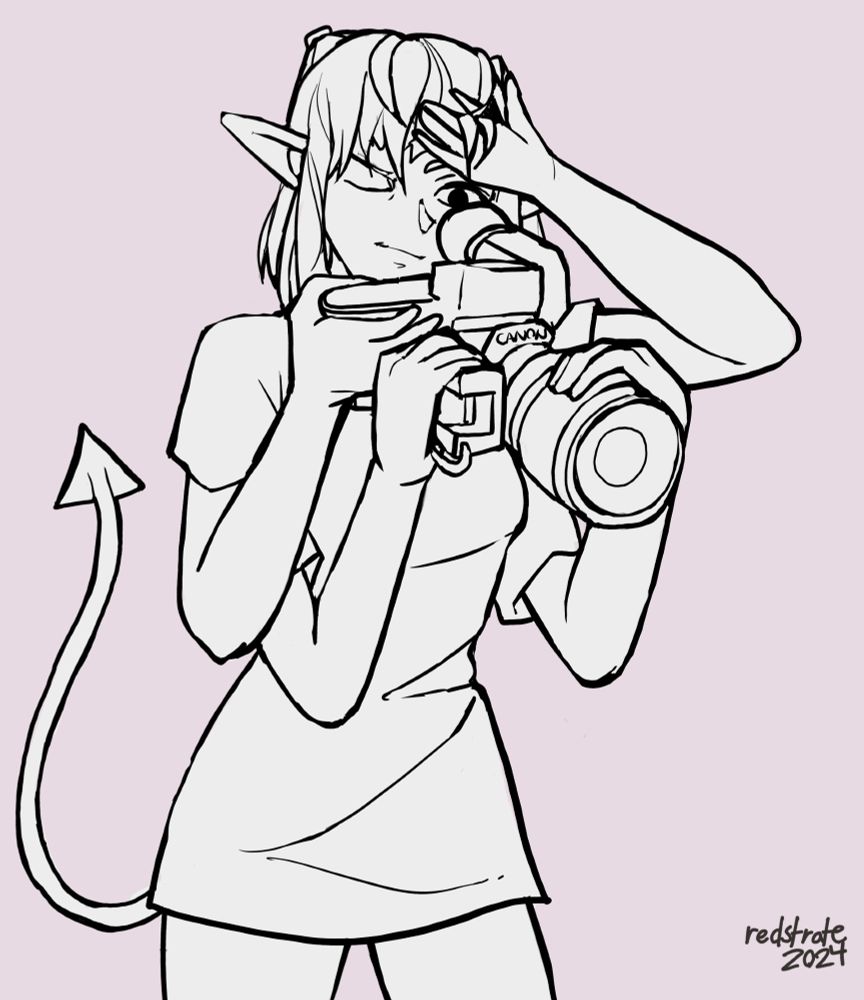 Drawing of Merume, a four armed succubus. The drawing has no color, and is just lines. She is holding a Canon L1, which has two grips (yes, really.) She's also adjusting the huge interchangable lens, and holding some of her bangs back so she can look in the viewfinder. She's also wearing a really big T-Shirt.