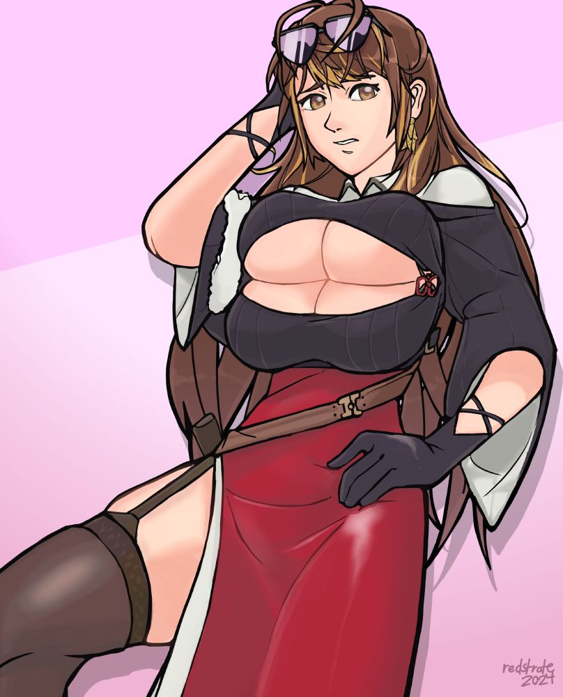 Drawing of Senzaki from Infection x Girl, some mobile gacha game I think. She has long wavy brown hair with blonde highlights, and sunglasses. She's wearing a weird and ridiculous red dress. 