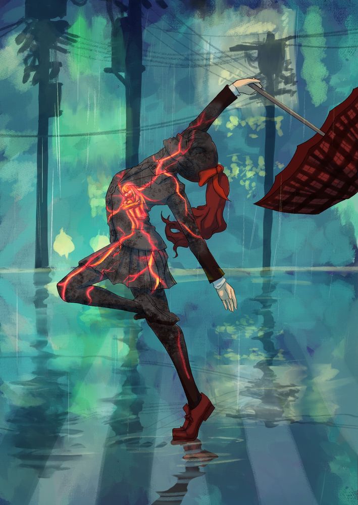 “Kasumi” dances in the rain. The city is a haze of teals and blues, with only the lights of surrounding buildings and headlights standing out and reflecting in the water. “Kasumi” is riddled with red, glowing fractures. In her chest at the center of the cracks, a semi-abstract Sumire huddles in the fetal position.