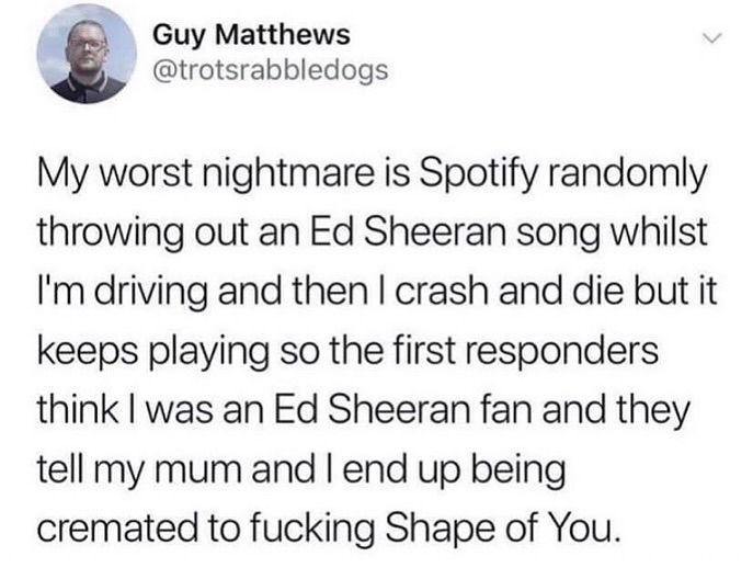 Tweet from @trotsrabbledogs: “My worst nightmare is Spotify randomly throwing out an Ed Sheeran song whilst I'm driving and then I crash and die but it keeps playing so the first responders think I was an Ed Sheeran fan and they tell my mum and I end up being cremated to fucking Shape of You.”