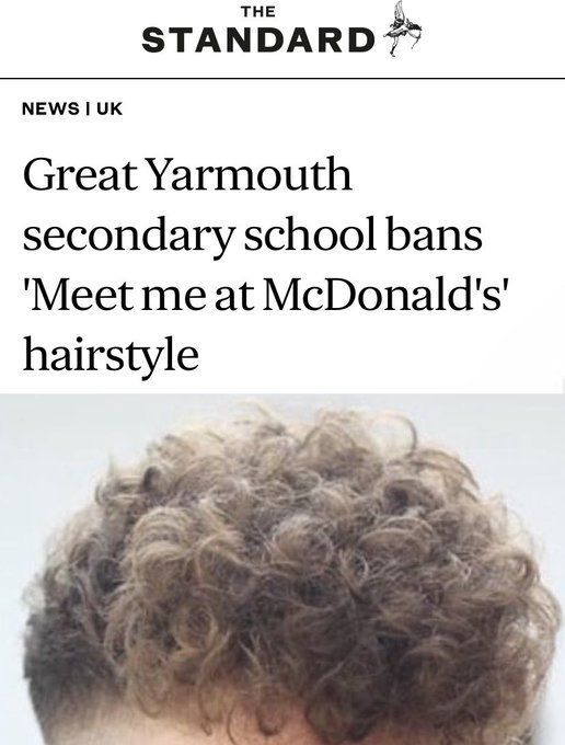 Screenshot of a news article from "The Standard" with the headline "Great Yarmouth secondary school bans 'Meet me at McDonald's' hairstyle". Below the headline is a close-up photo of curly hair.