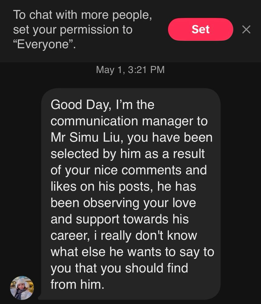 Scammer trying to convince me that fucking Simu Liu is interested in me based on my comments. Literally only ever made one comment on a video of his for the 2023 Barbie movie