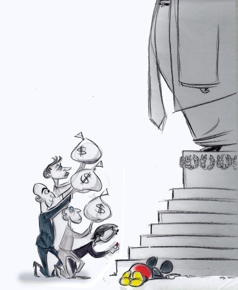 A rough draft version of Ann Telnaes's cartoon that was censored by the Washington Post, leading to her resignation.  It depicts Mickey Mouse flat on his face in front of a giant Donald Trump statue while multiple billionaires offer bags of cash toward the statue.