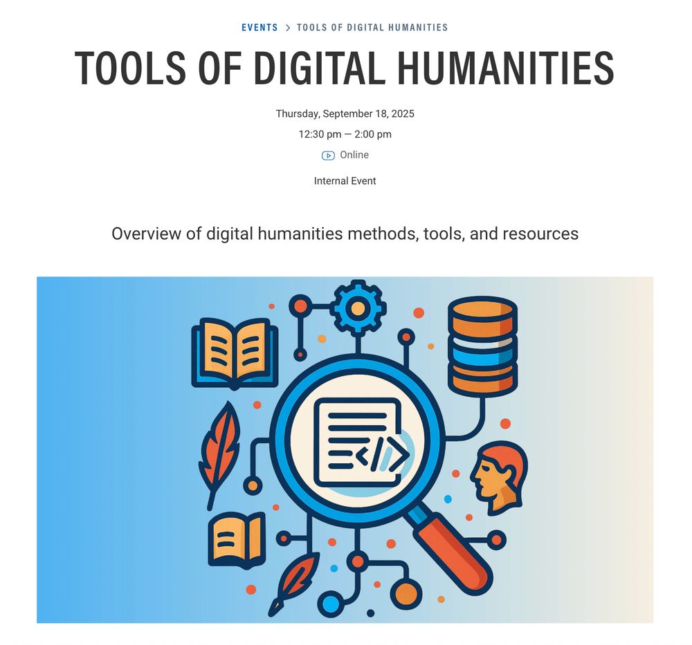 Screenshot of "Tools of Digital Humanities" event page featuring the date and time of the event (Thursday, September 18, 2025 from 12:30 - 2:00pm.