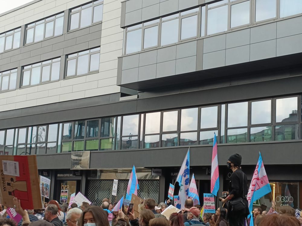Big showing of trans flags (among others) at this evening's protest against the Supreme Court ruling and related transphobic bullshit.