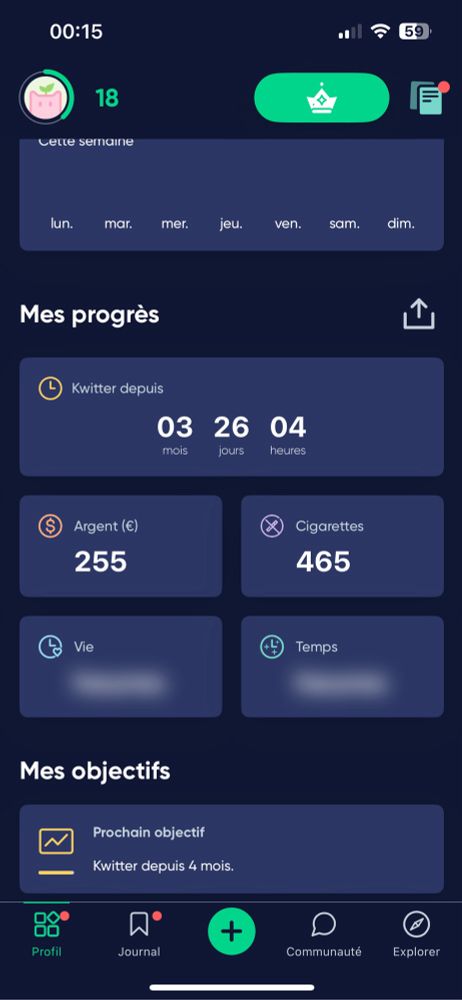 Capture d’écran d’une application indiquant que j’ai arrêté de fumer il y a 3 mois et 26 jours