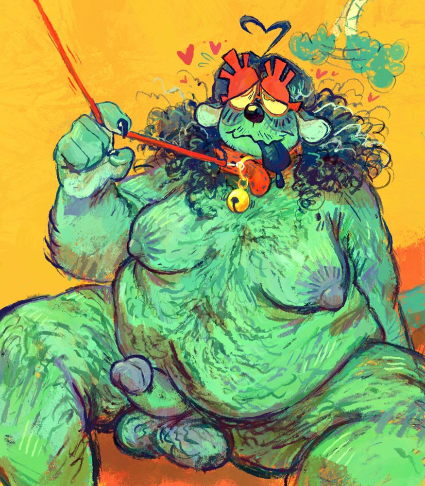 Nude drawing of Hector from Great God Grove tugging slightly on a red leash attached to a red collar he's wearing. He has a lazy expression with his tongue out and tail wagging. He's fat, hairy, and is given tits and a dick.