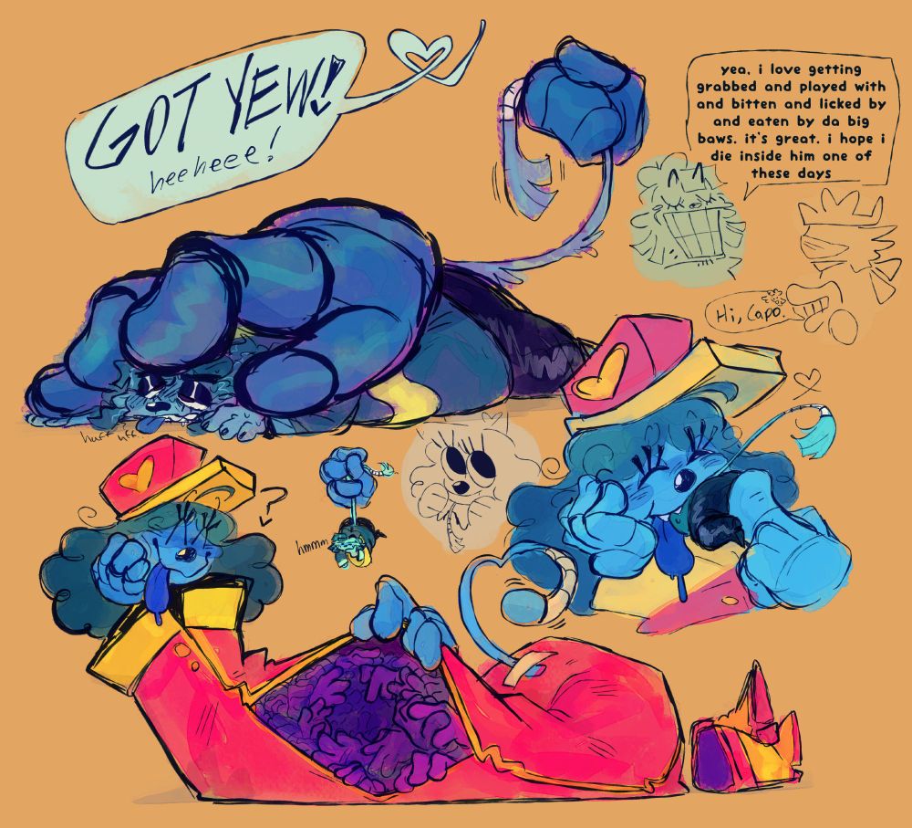 Several doodles of Inspekta and Capochin on a pale yellow canvas. Capochin, panting and exhausted, being held down by one of Inspekta's hands while another is holding up his tail. He says "GOT YEW! heeheee!". Inspekta with a big smile on his face danging Capochin above his exposed hand stomach. There are two doodles Inspekta shoving Capochin into his mouth. The last one has Capochin with a stupid big smile saying "yea, i love getting grabbed and played with and bitten and licked by and eaten by da big baws. it's great. i hope i die inside him one of these days" to Godpoke, with the Megapon in their hands saying "Hi, Capo".