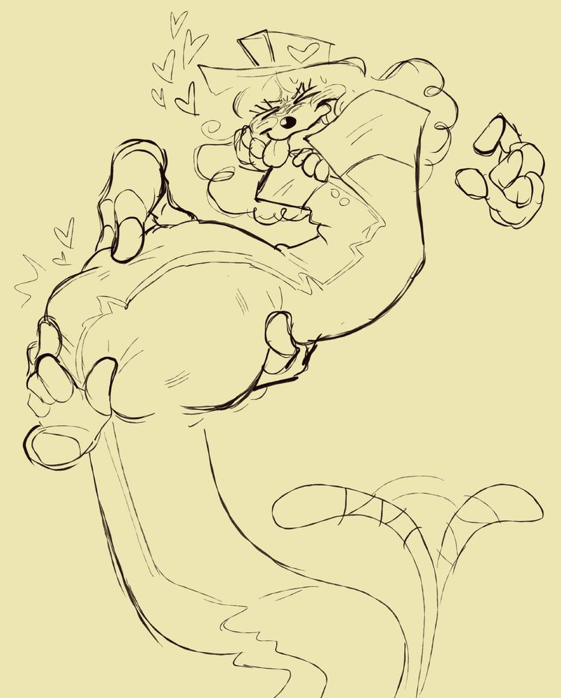 Doodle of Inspekta smiling, cupping his face, and wagging his tail as several of his hands are pressing onto a swallowed body in his coat.