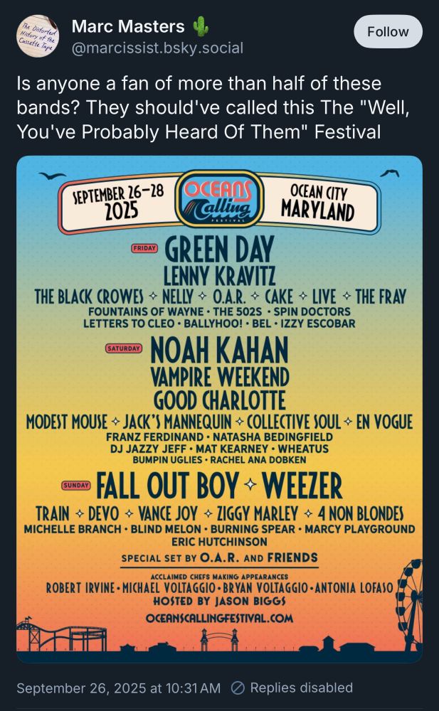 Post showing a concert lineup I would actually enjoy