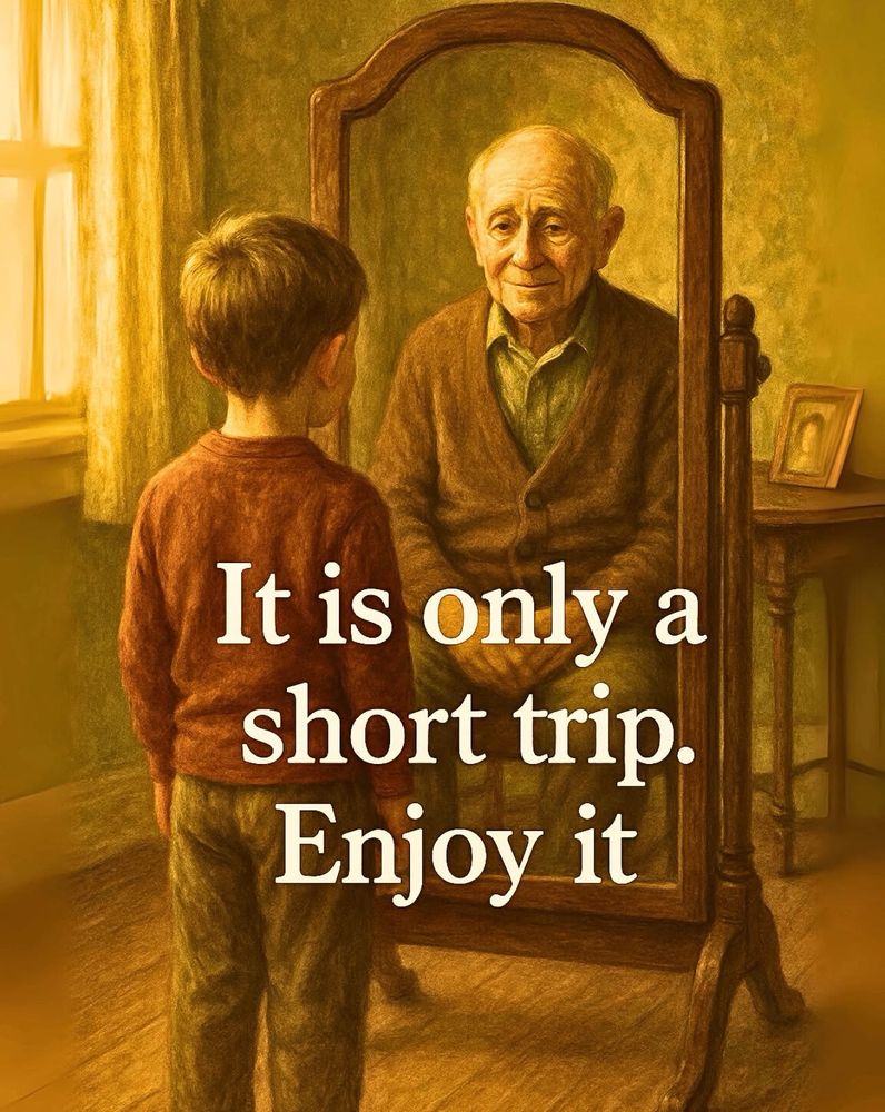 Young boy looking in a full length mirror and he sees an old man. 
Text reads: “It is only a short trip.
Enjoy it”