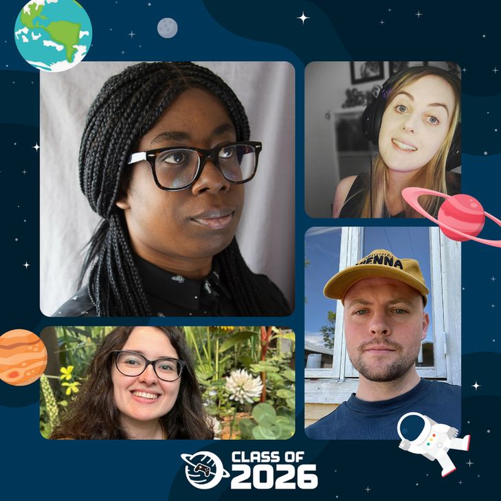 Image containing photos of Annabelle Afful, Alexander Mellström, JadedPhoenix, Bethany Rainbird, now formerly Ambassadors for Safe In Our World, members of the Class of 2026. Photos set against a spacey background, with stars, planets and other space-themed graphics.