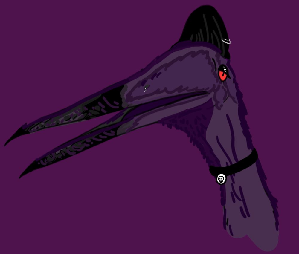 A purple and black toned quetzalcoatlus. She has piercings and a cameo necklace featuring a human skull design. 