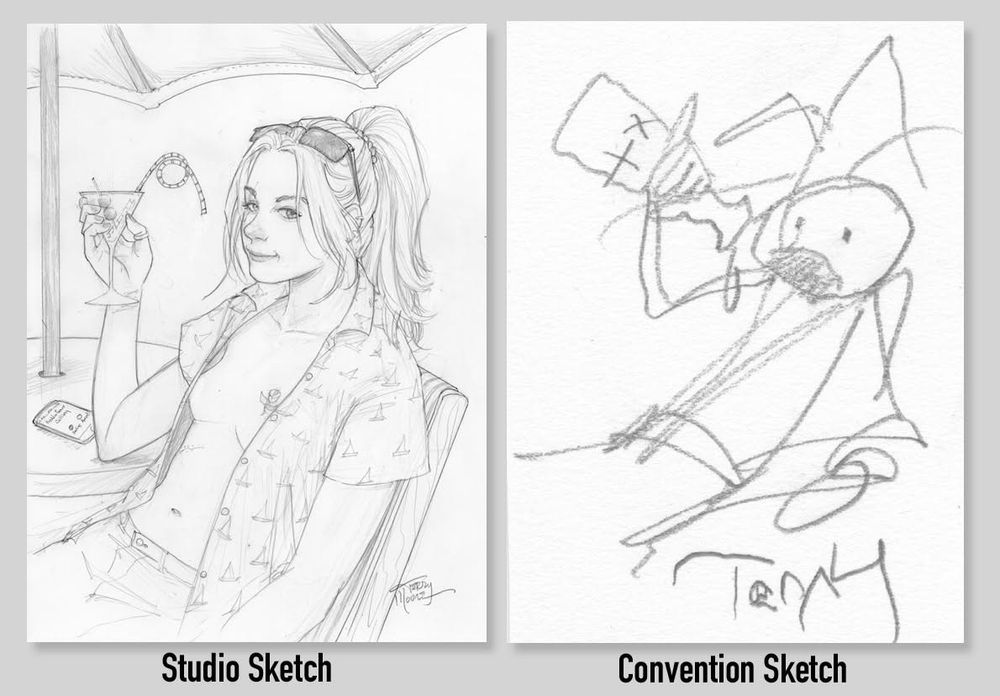 Art by Terry Moore. Detailed illustration of young woman drinking a cocktail labeled "studio sketch" on left; crude drawing of stick figure holding bottle labeled "convention sketch" on right