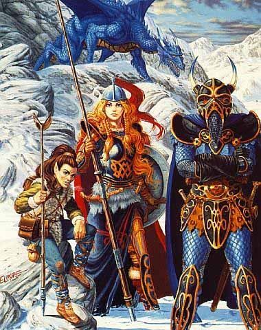 Cover art from one of the Dragonlance novels featuring three characters in full armor against a snowy, mountainous background with a blue dragon behind them