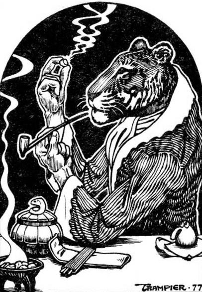 A tiger-headed humanoid in a smoking jacket and cravat, smoking a long pipe and examining a gem