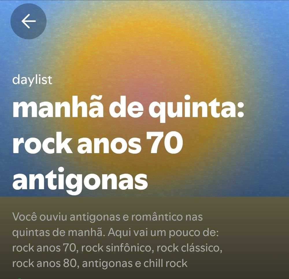 A foto mostra um print de uma playlist do spotify, com os dizeres "manhã de quinta: rock anos 70 antigonas"