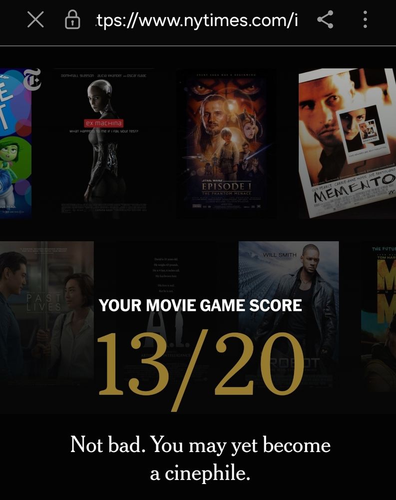 Alguns pôsteres de filmes ao fundo e o resultado do quiz sobre filmes. "13/20 Not bad. You may yet become a cinephile"