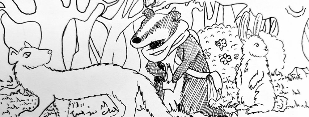 an ink drawing of a pine martin, a badger and a rabbit walking along a path in the middle of the woods. the badger has a scarf and a bag.