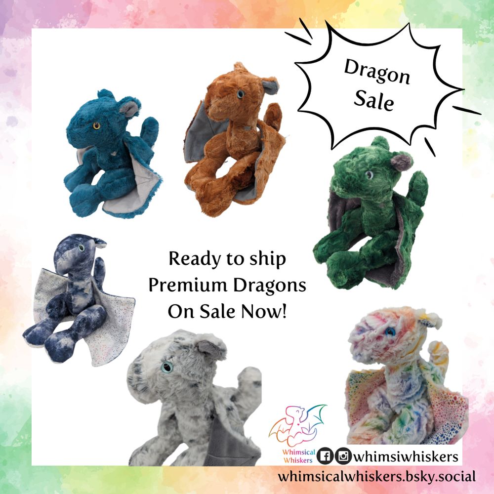 Handmade dragon plushies in various colors advertising special premium dragon sale on www.whimsiwhiskers.com