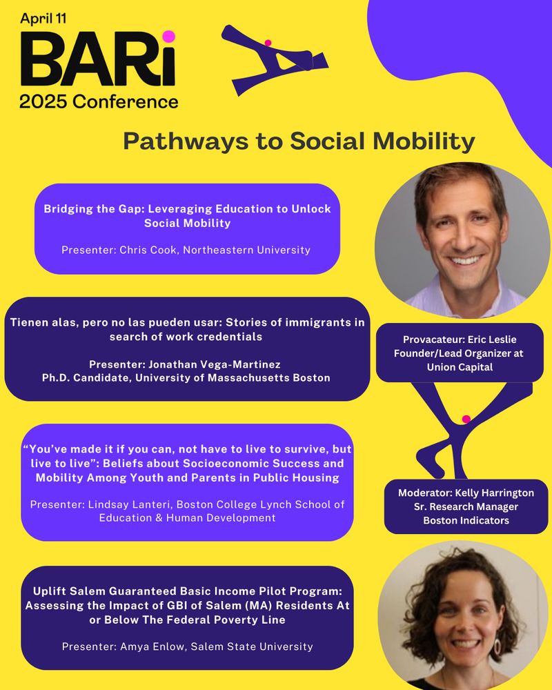 Yellow image with purple figures with and photos of panel provocateur, Eric Leslie Founder/Lead Organizer at Union Capital and moderator, Kelly Harrington Sr. Research Manager
Boston Indicators. More details on this panel can be found at: https://cssh.northeastern.edu/bari/bari-conference-2025-greater-bostons-annual-insight-to-impact-summit/ 