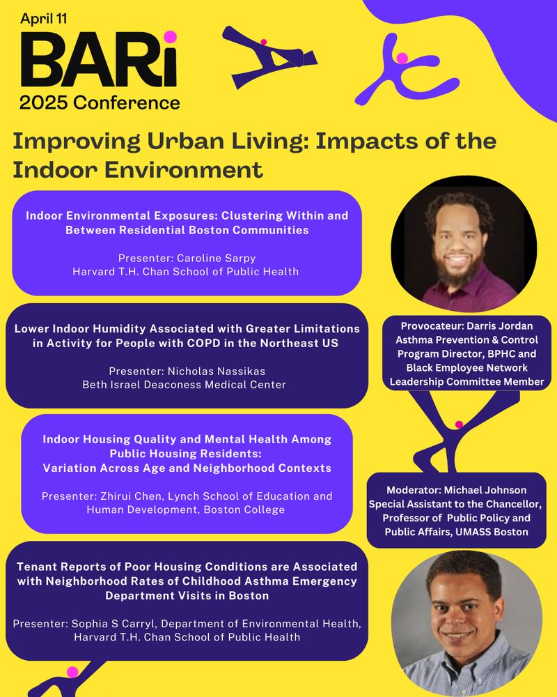 Yellow image with purple figures with and photos of panel provocateur, Darris Jordan, Asthma Prevention & Control Program Director, BPHC and Black Employee Network Leadership Committee Member, and moderator, Michael Johnson Special Assistant to the Chancellor, Professor of Public Policy and Public Affairs, UMASS Boston. More details on this panel can be found at: https://cssh.northeastern.edu/bari/bari-conference-2025-greater-bostons-annual-insight-to-impact-summit/