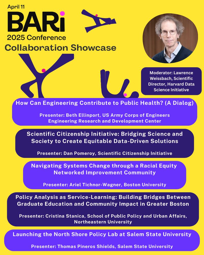Yellow image with purple figures with and photos of Showcase moderator,Lawrence Weissbach, Scientific Director, Harvard Data Science Initiative. More details on this showcase can be found at: https://cssh.northeastern.edu/bari/bari-conference-2025-greater-bostons-annual-insight-to-impact-summit/