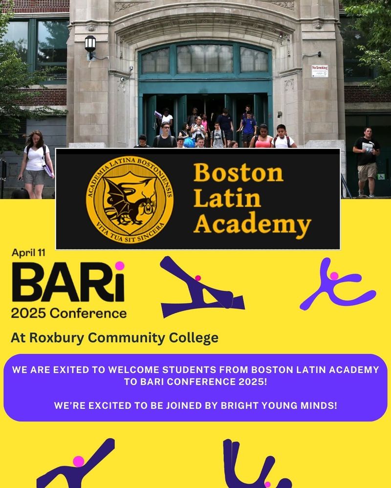 Yellow image with purple figures and photo of Boston Latin Academy