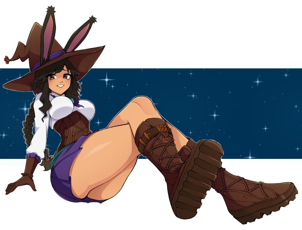 A bunny girl wearing a witch hat sits back in a relaxed pose.