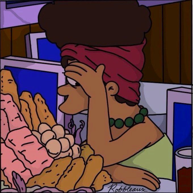 Black Marge Simpson hiding her face in slight embarrassment 