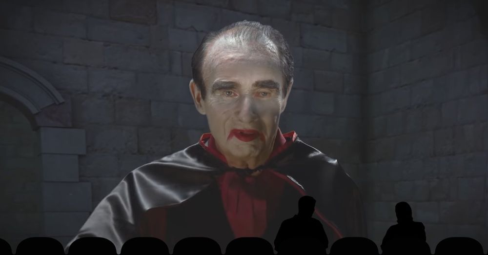 Tim Heidecker and Gregg Turkington watching Decker vs Dracula in the style of MST3K